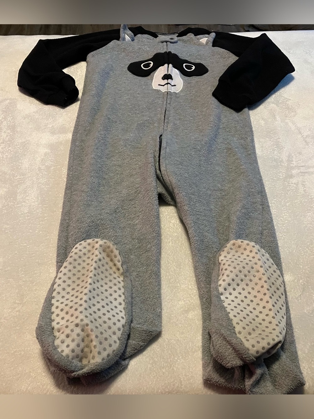 Grey and Black Raccoon One-Piece Footed Pajamas for Kids